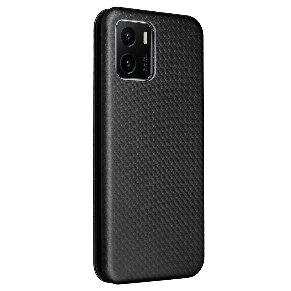 Carbon Fiber Texture PU Leather Case Stand Card Slot Magnetic Auto Closing Phone Case Shell for vivo Y15s / Y15a - Black - 3