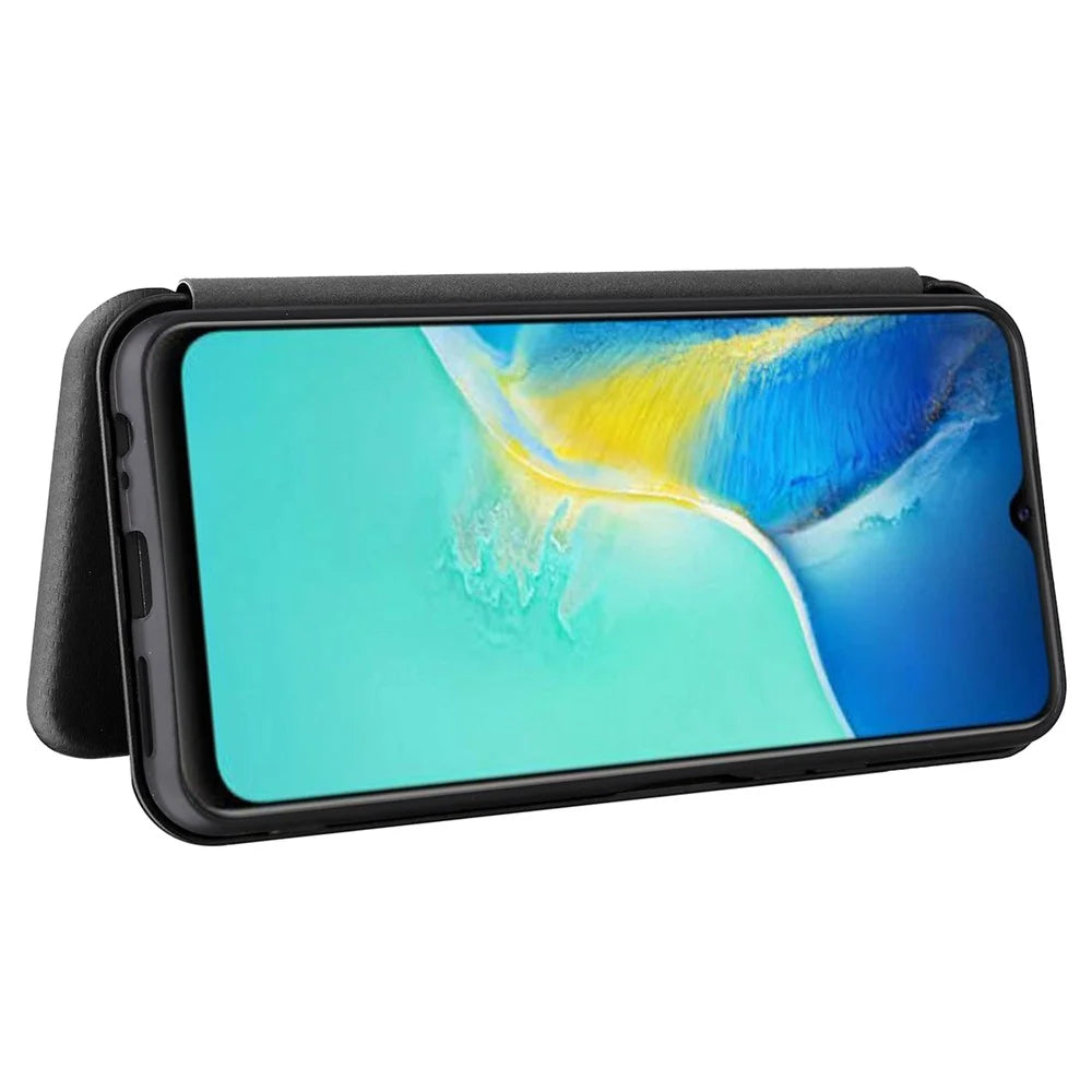 Carbon Fiber Texture PU Leather Case Stand Card Slot Magnetic Auto Closing Phone Case Shell for vivo Y15s / Y15a - Black - 4