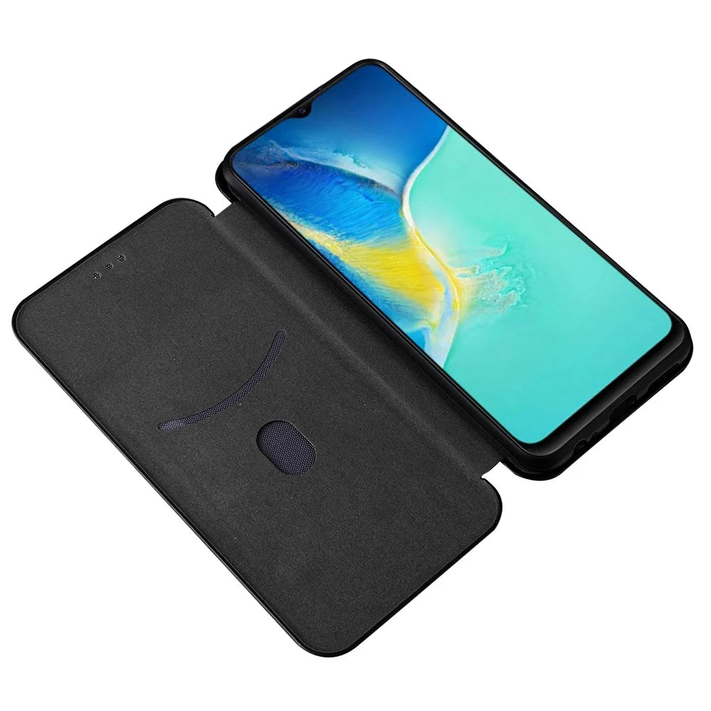 Carbon Fiber Texture PU Leather Case Stand Card Slot Magnetic Auto Closing Phone Case Shell for vivo Y15s / Y15a - Black - 5