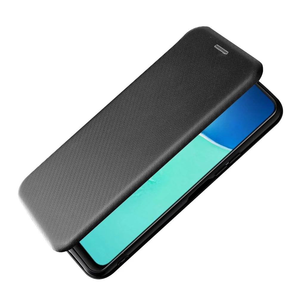 Carbon Fiber Texture PU Leather Case Stand Card Slot Magnetic Auto Closing Phone Case Shell for vivo Y15s / Y15a - Black - 6