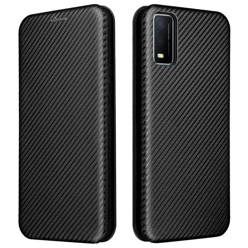 Carbon Fiber Texture Magnetic Auto Closing PU Leather Phone Case Cover with Stand and Card Slot for vivo Y3s (2021) - Black - 1