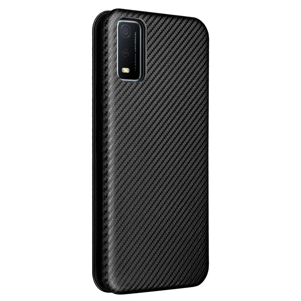 Carbon Fiber Texture Magnetic Auto Closing PU Leather Phone Case Cover with Stand and Card Slot for vivo Y3s (2021) - Black - 3