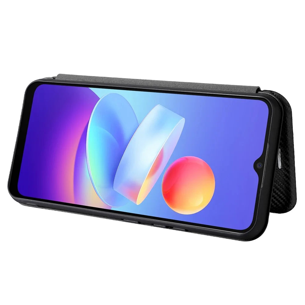 Carbon Fiber Texture Magnetic Auto Closing PU Leather Phone Case Cover with Stand and Card Slot for vivo Y3s (2021) - Black - 4