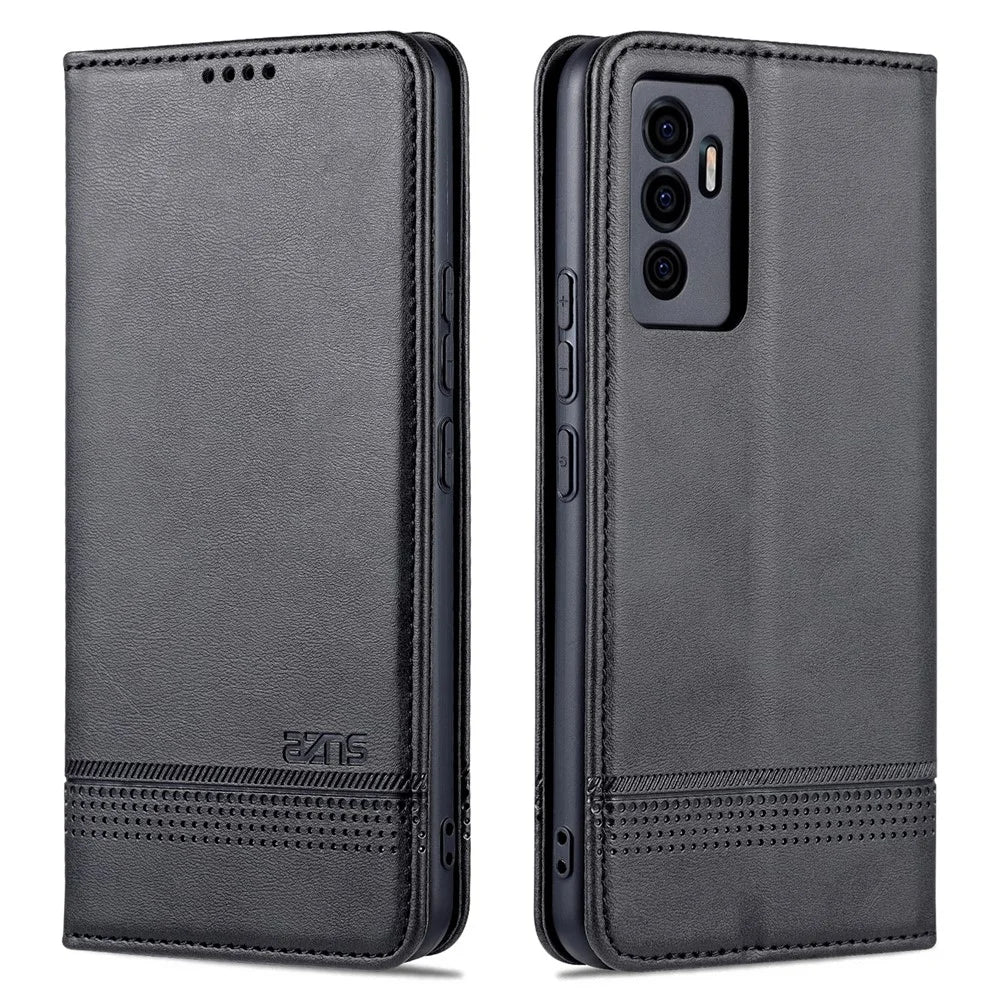 AZNS Book Stand PU Leather Phone Case Magnetic Auto-absorbed Wallet Flip Cover for vivo S10e / V23e 4G - Black - 1