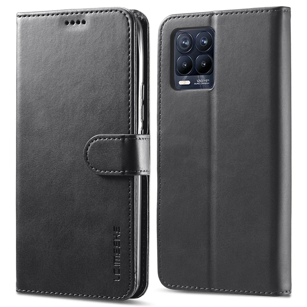 LC.IMEEKE PU Leather Flip Folio Stand Case Shockproof Wallet Phone Case Cover for Realme 8i/Narzo 50 4G - Black - 1