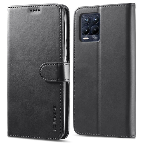 LC.IMEEKE PU Leather Flip Folio Stand Case Shockproof Wallet Phone Case Cover for Realme 8i/Narzo 50 4G - Black - 1
