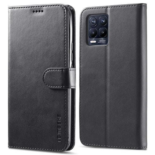 LC.IMEEKE PU Leather Flip Folio Stand Case Shockproof Wallet Phone Case Cover for Realme 8i/Narzo 50 4G - Black - 1