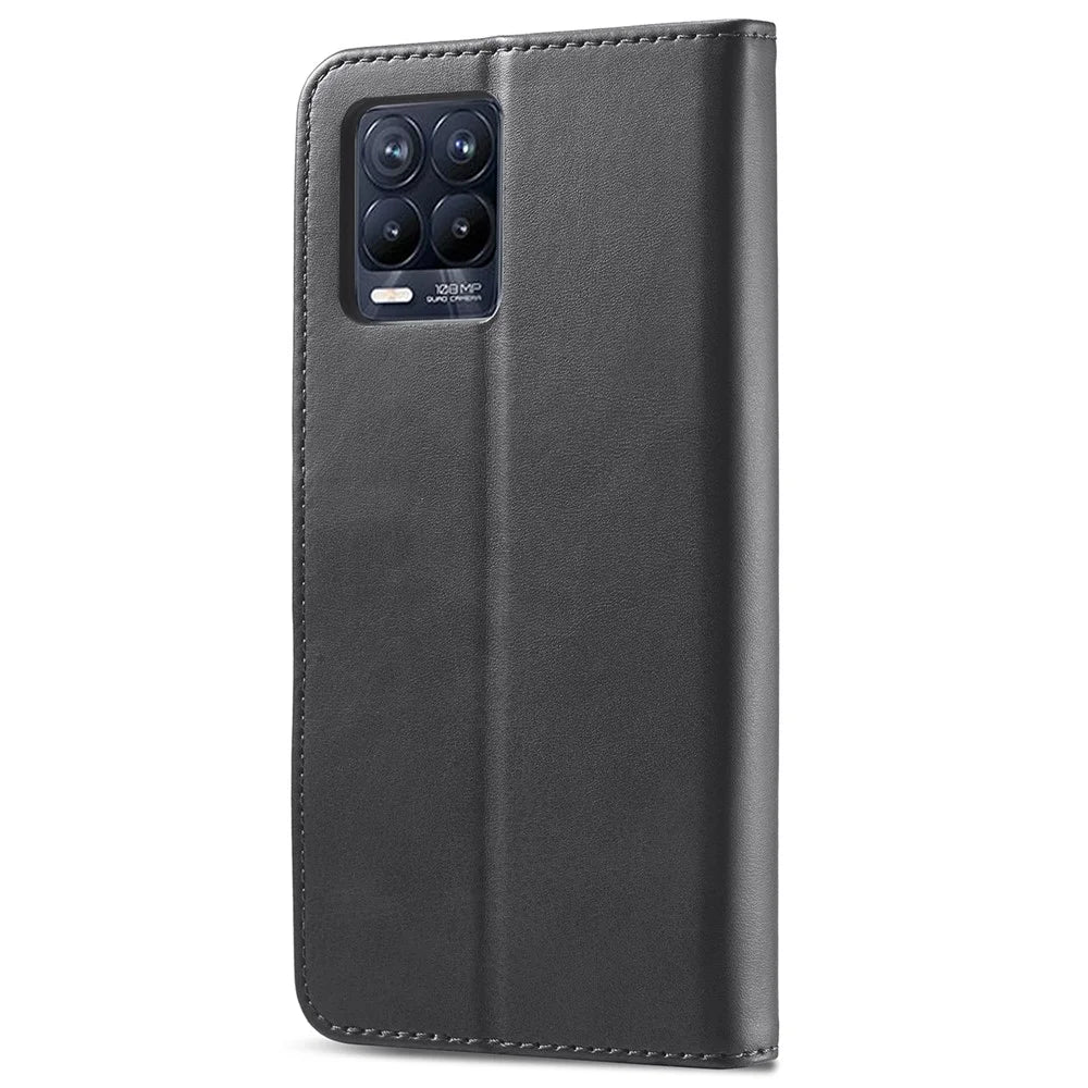 LC.IMEEKE PU Leather Flip Folio Stand Case Shockproof Wallet Phone Case Cover for Realme 8i/Narzo 50 4G - Black - 3