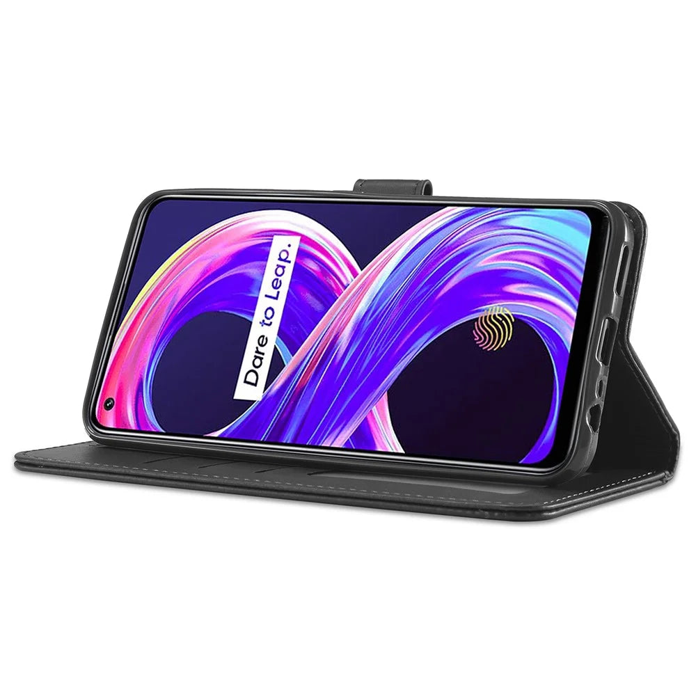 LC.IMEEKE PU Leather Flip Folio Stand Case Shockproof Wallet Phone Case Cover for Realme 8i/Narzo 50 4G - Black - 4