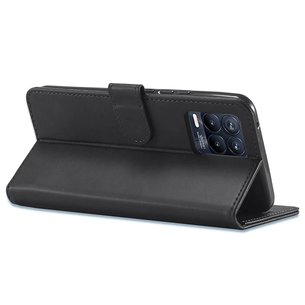 LC.IMEEKE PU Leather Flip Folio Stand Case Shockproof Wallet Phone Case Cover for Realme 8i/Narzo 50 4G - Black - 5