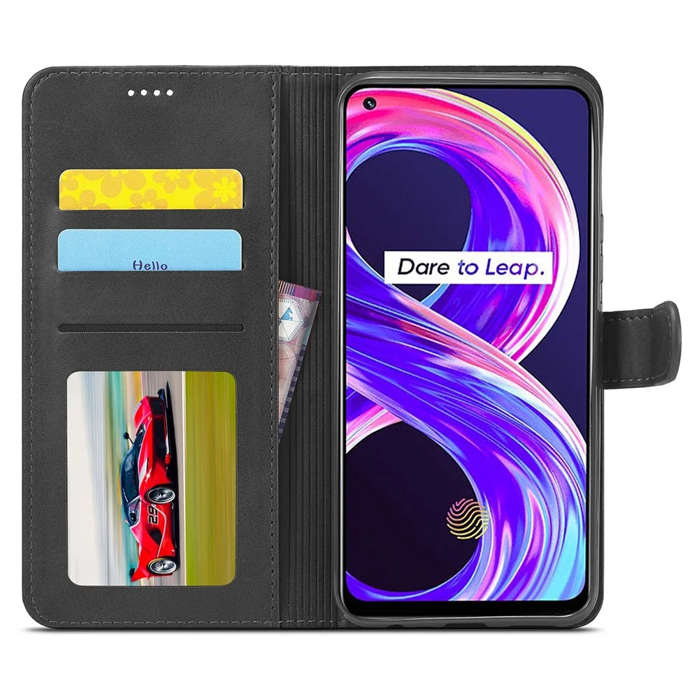 LC.IMEEKE PU Leather Flip Folio Stand Case Shockproof Wallet Phone Case Cover for Realme 8i/Narzo 50 4G - Black - 6