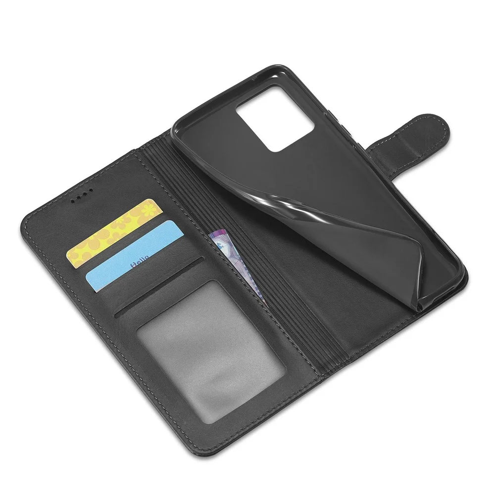 LC.IMEEKE PU Leather Flip Folio Stand Case Shockproof Wallet Phone Case Cover for Realme 8i/Narzo 50 4G - Black - 7