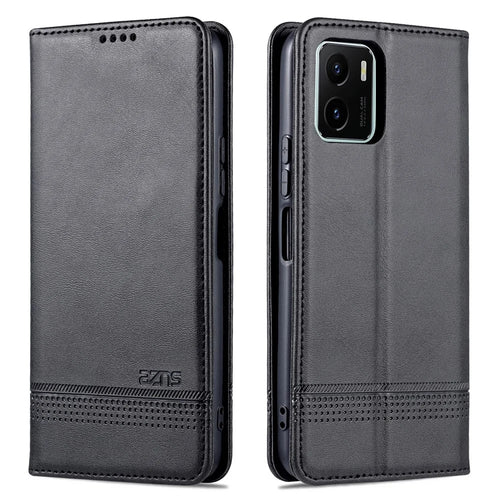 AZNS Magnetic Absorption PU Leather Flip Cover Stand Protective Wallet Phone Case for vivo Y15s / Y15a - Black - 1