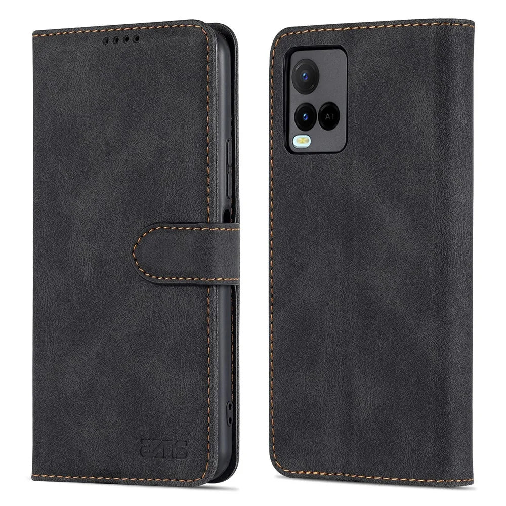 AZNS Phone Cover Drop-proof Magnetic Closure PU Leather Flip Wallet Stand Well-protected Phone Shell for vivo Y21/Y21s/Y33s - Black - 1