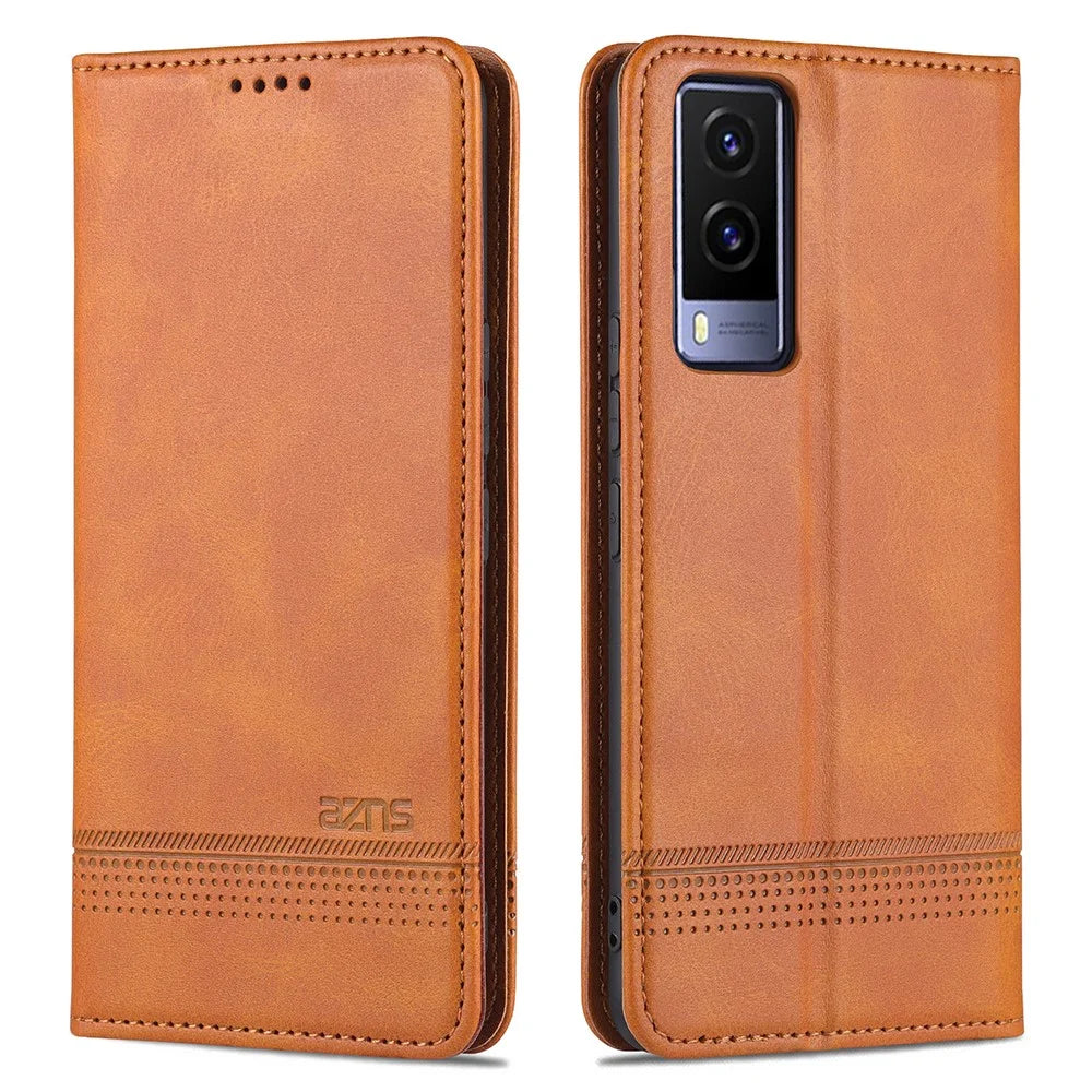 AZNS Magnetic Auto-absorbed Full Protection Cover PU Leather Stand Wallet Phone Case for vivo Y71t 5G/V21e 5G - Brown - 1