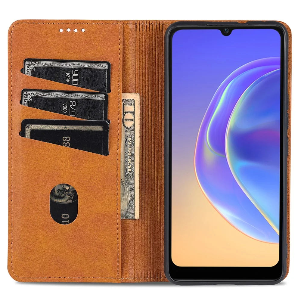 AZNS Magnetic Auto-absorbed Full Protection Cover PU Leather Stand Wallet Phone Case for vivo Y71t 5G/V21e 5G - Brown - 7