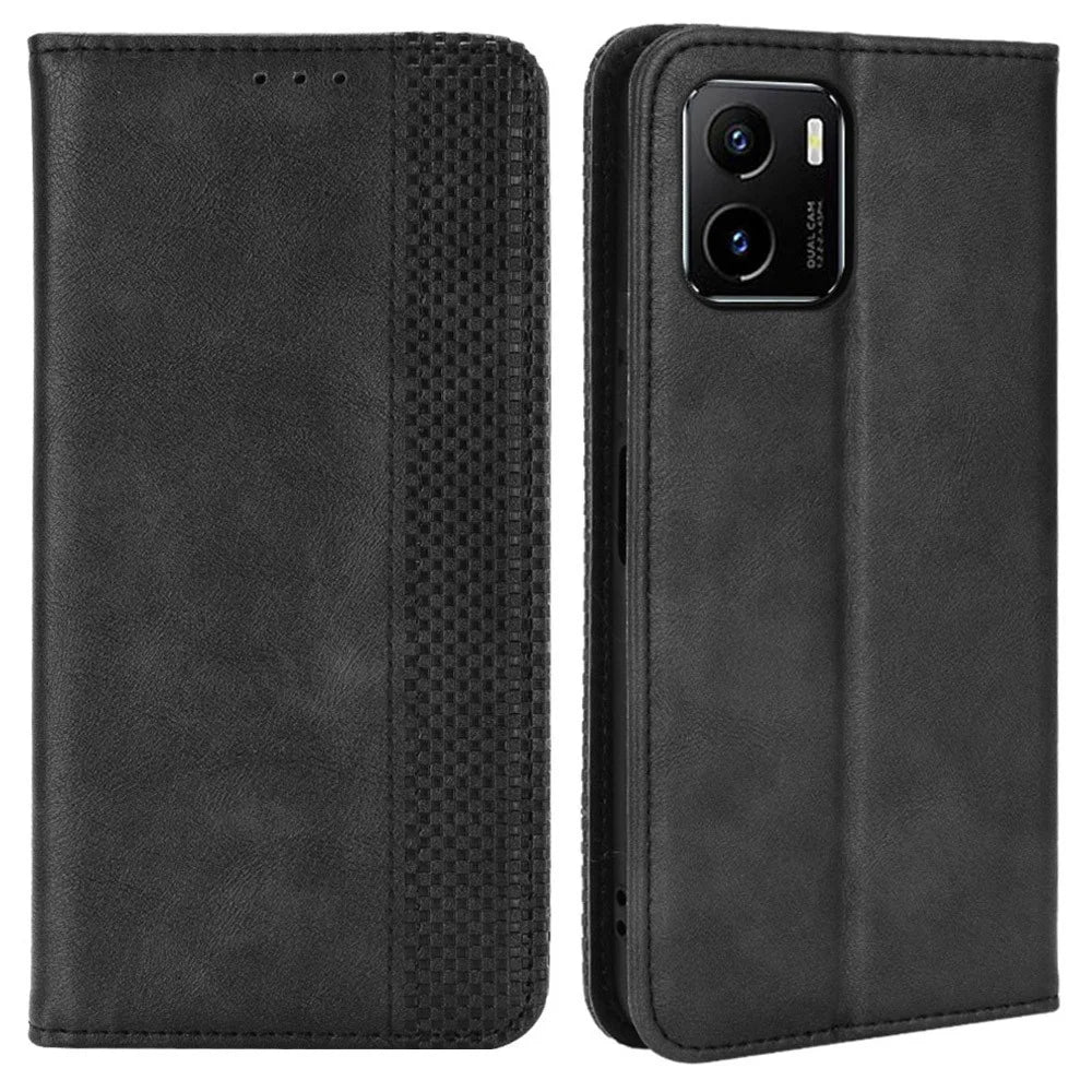 For vivo Y15s/Y15a/Y10/T1/Y01/iQOO U5x Shockproof Wallet Stand Retro Style Imprinted Case Leather Magnetic Flip Phone Cover - Black - 1