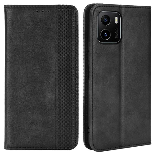 For vivo Y15s/Y15a/Y10/T1/Y01/iQOO U5x Shockproof Wallet Stand Retro Style Imprinted Case Leather Magnetic Flip Phone Cover - Black - 1