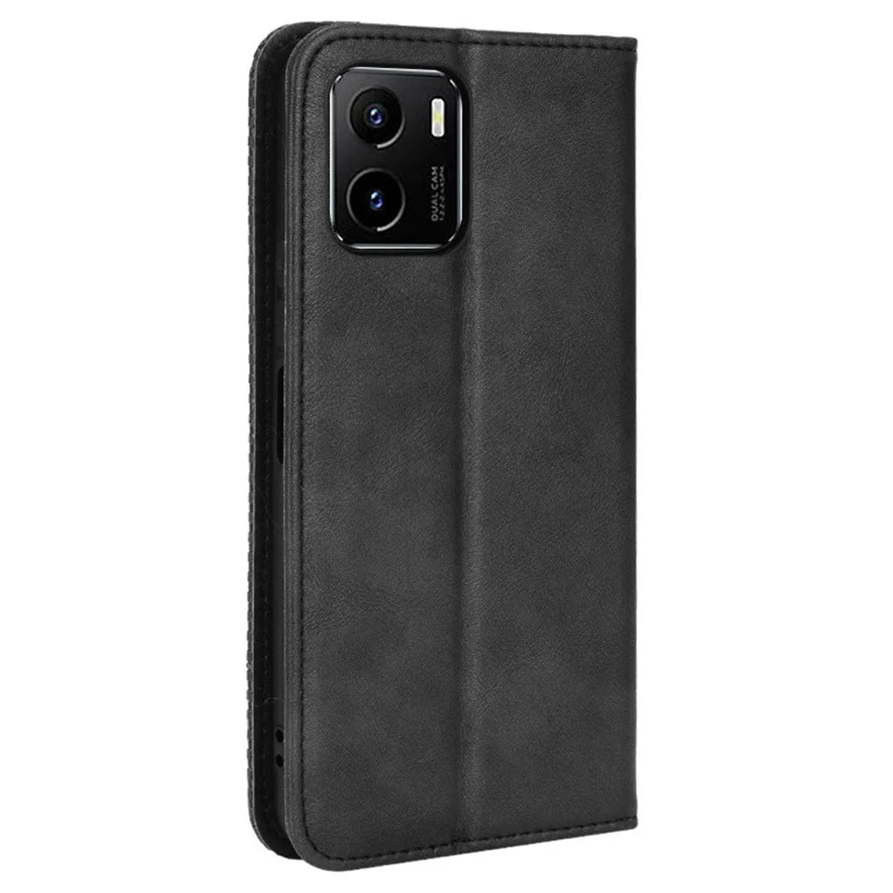 For vivo Y15s/Y15a/Y10/T1/Y01/iQOO U5x Shockproof Wallet Stand Retro Style Imprinted Case Leather Magnetic Flip Phone Cover - Black - 3