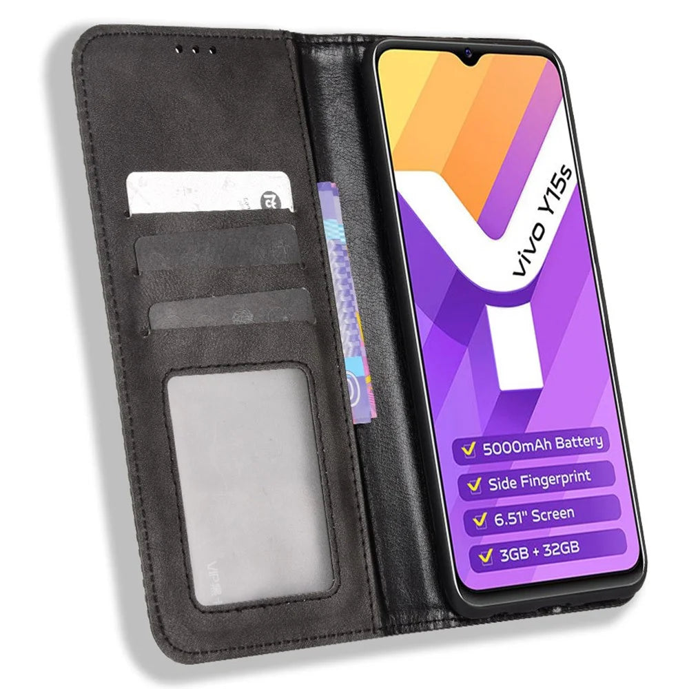 For vivo Y15s/Y15a/Y10/T1/Y01/iQOO U5x Shockproof Wallet Stand Retro Style Imprinted Case Leather Magnetic Flip Phone Cover - Black - 4