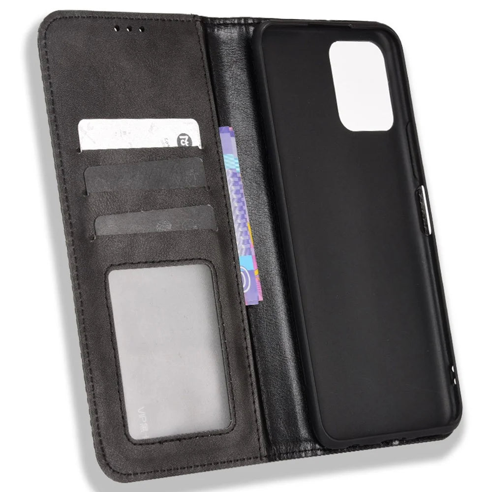 For vivo Y15s/Y15a/Y10/T1/Y01/iQOO U5x Shockproof Wallet Stand Retro Style Imprinted Case Leather Magnetic Flip Phone Cover - Black - 5
