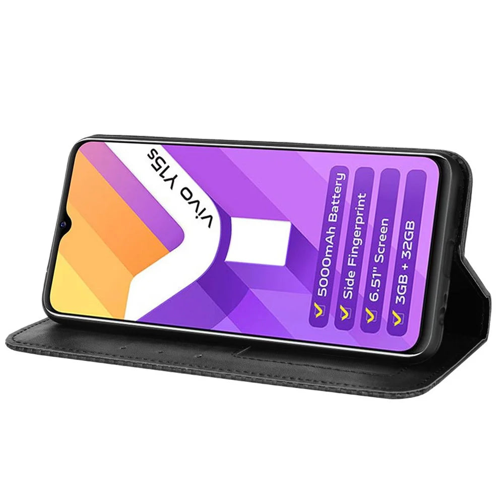 For vivo Y15s/Y15a/Y10/T1/Y01/iQOO U5x Shockproof Wallet Stand Retro Style Imprinted Case Leather Magnetic Flip Phone Cover - Black - 6