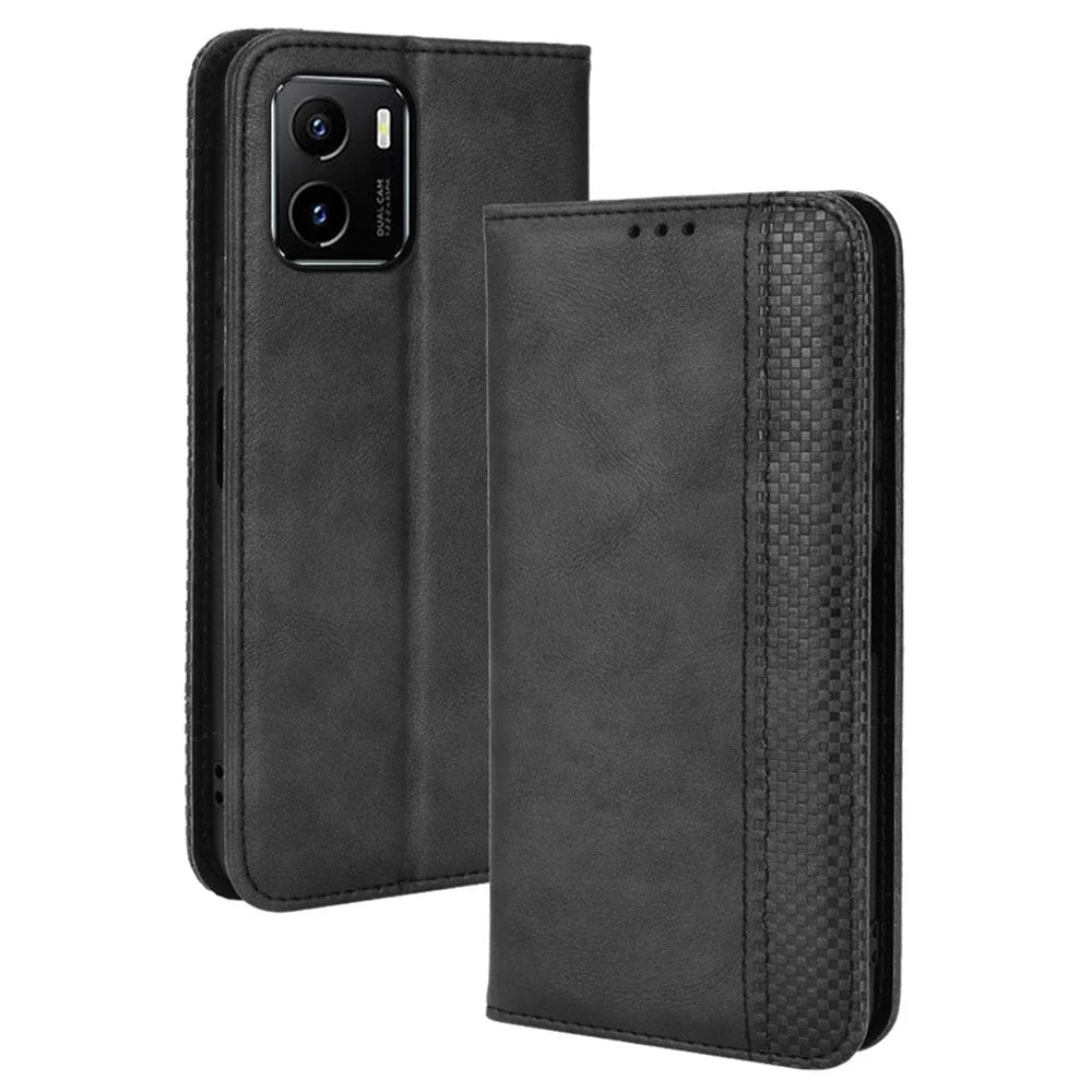 For vivo Y15s/Y15a/Y10/T1/Y01/iQOO U5x Shockproof Wallet Stand Retro Style Imprinted Case Leather Magnetic Flip Phone Cover - Black - 7
