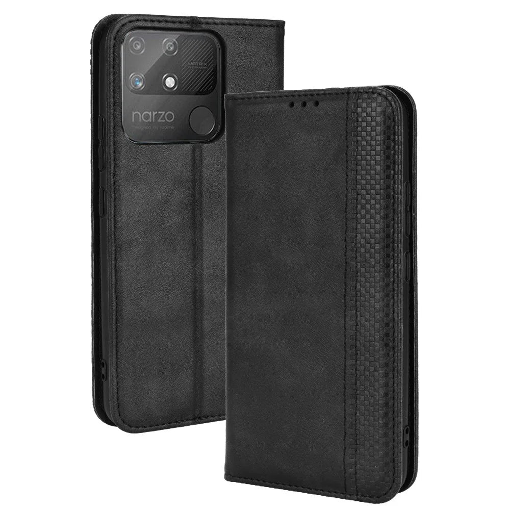 For Realme Narzo 50A Well-protected Wallet Retro Style Imprinted Leather Magnetic Closing Phone Cover with Stand - Black - 1