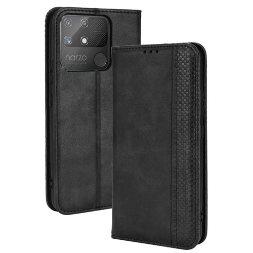For Realme Narzo 50A Well-protected Wallet Retro Style Imprinted Leather Magnetic Closing Phone Cover with Stand - Black - 1