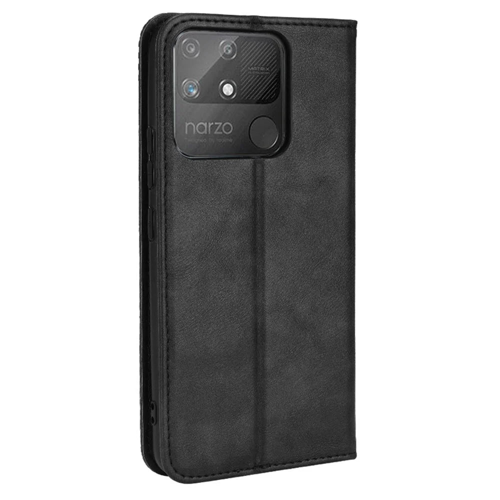 For Realme Narzo 50A Well-protected Wallet Retro Style Imprinted Leather Magnetic Closing Phone Cover with Stand - Black - 3