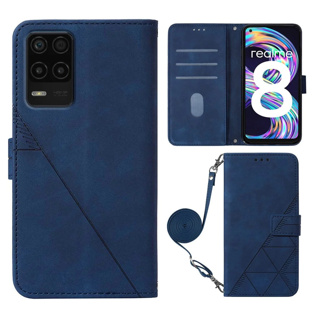 PB2-1 Series Lines Imprinting Phone Case for Realme 8 5G/V13 5G/Narzo 30 5G, Flip Stand Soft PU Leather Magnetic Wallet Cover with Shoulder Strap - Sapphire - 1