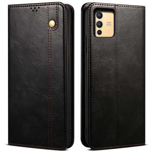 For vivo S12/V23 5G Waxy Crazy Horse Texture Wallet Stand PU Leather Cover Phone Case - Black - 1