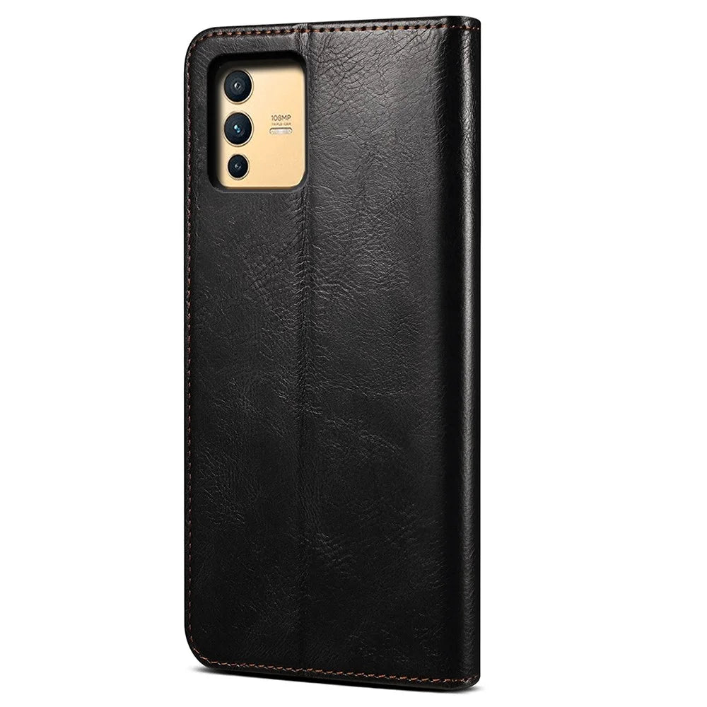 For vivo S12/V23 5G Waxy Crazy Horse Texture Wallet Stand PU Leather Cover Phone Case - Black - 3