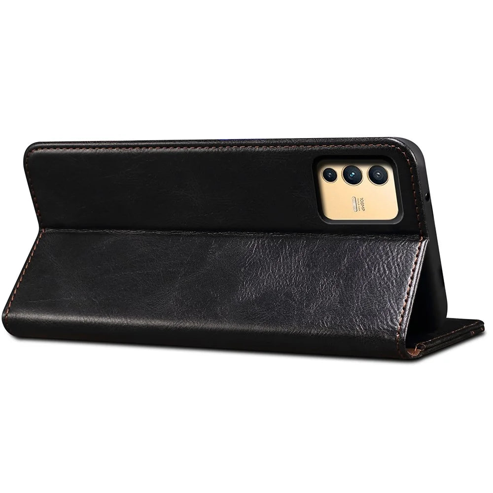 For vivo S12/V23 5G Waxy Crazy Horse Texture Wallet Stand PU Leather Cover Phone Case - Black - 5