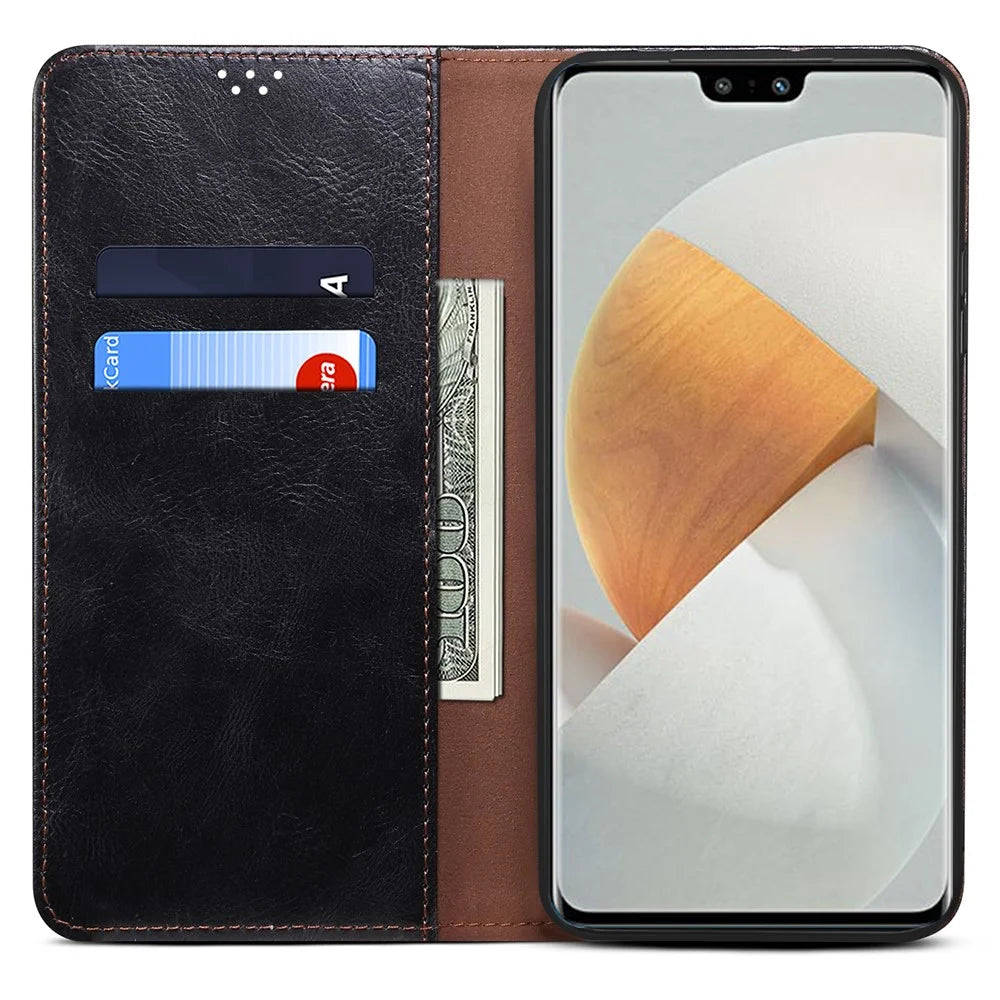 For vivo S12/V23 5G Waxy Crazy Horse Texture Wallet Stand PU Leather Cover Phone Case - Black - 6