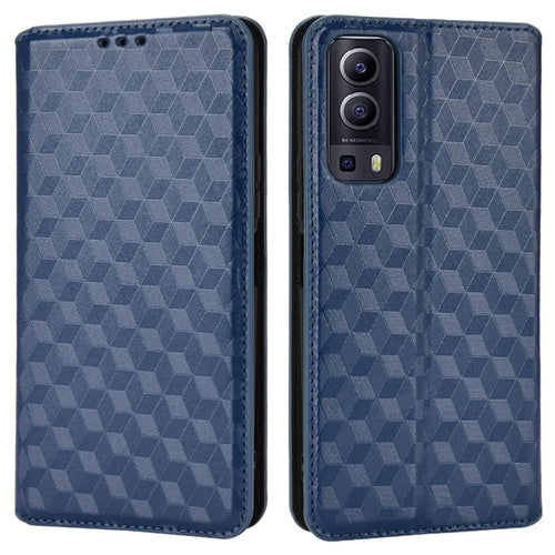 For vivo Y72 5G (Global)/Y52 5G/Y53s 5G/iQOO Z3 5G/T1X/iQOO Z5x 3D Rhombus Imprinted Phone Cover Wallet Stand Folio Flip Leather Case - Blue - 1