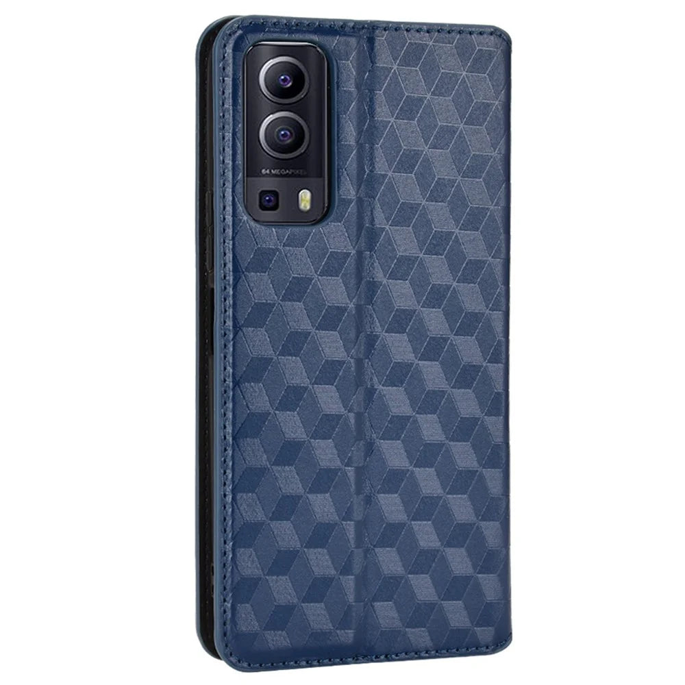For vivo Y72 5G (Global)/Y52 5G/Y53s 5G/iQOO Z3 5G/T1X/iQOO Z5x 3D Rhombus Imprinted Phone Cover Wallet Stand Folio Flip Leather Case - Blue - 3