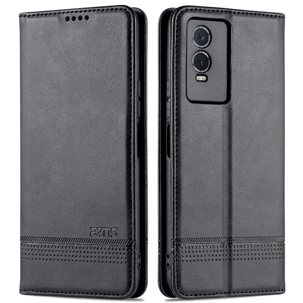 AZNS Auto-absorbed Magnetic Leather Phone for vivo Y74s/Y76s, Folio Flip Wallet Stand Protective Shell - Black - 1