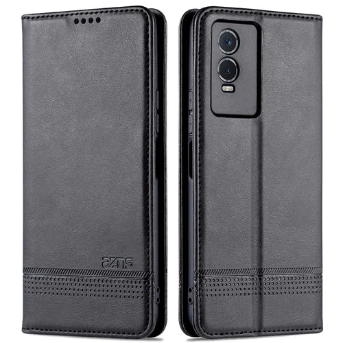 AZNS Auto-absorbed Magnetic Leather Phone for vivo Y74s/Y76s, Folio Flip Wallet Stand Protective Shell - Black - 1