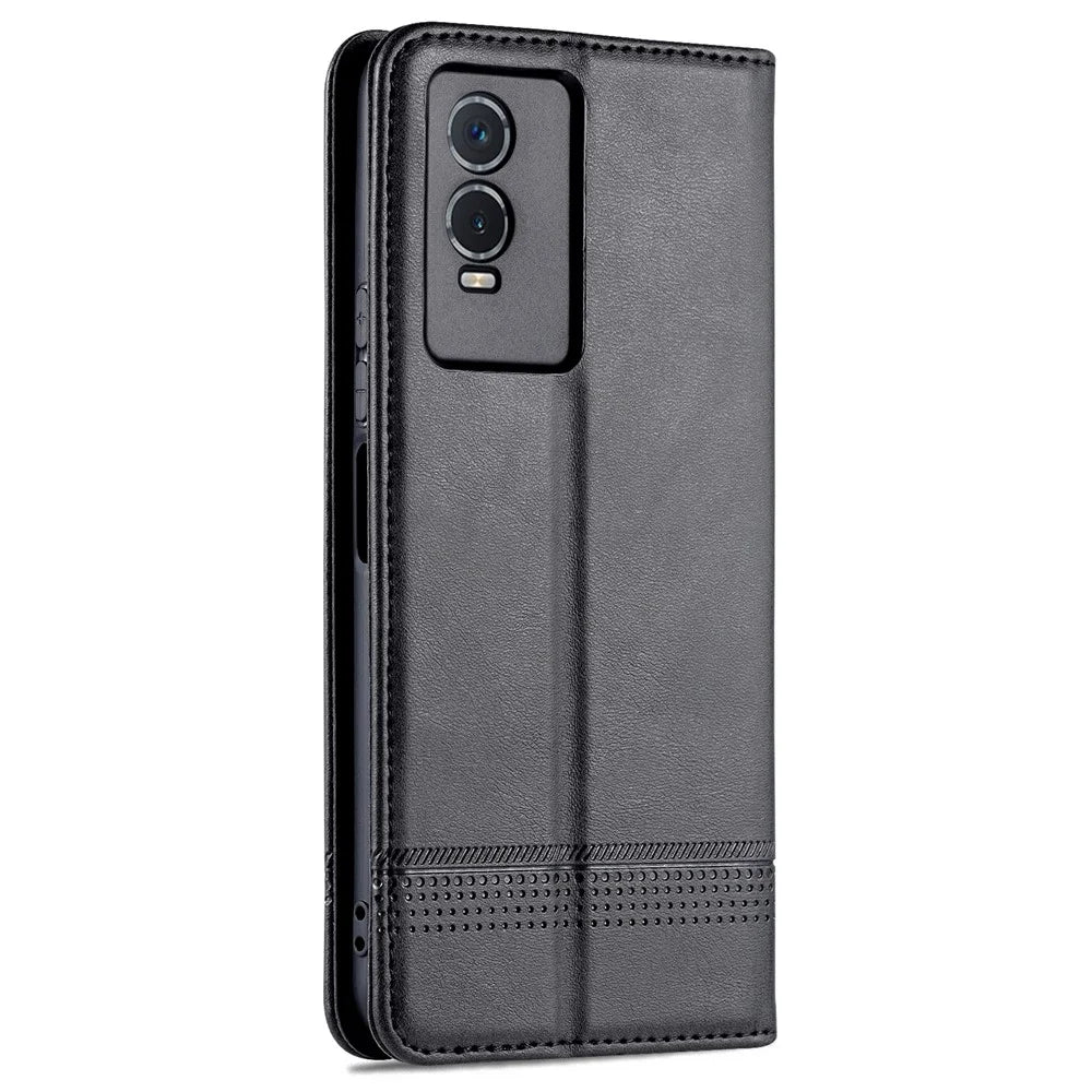 AZNS Auto-absorbed Magnetic Leather Phone for vivo Y74s/Y76s, Folio Flip Wallet Stand Protective Shell - Black - 3