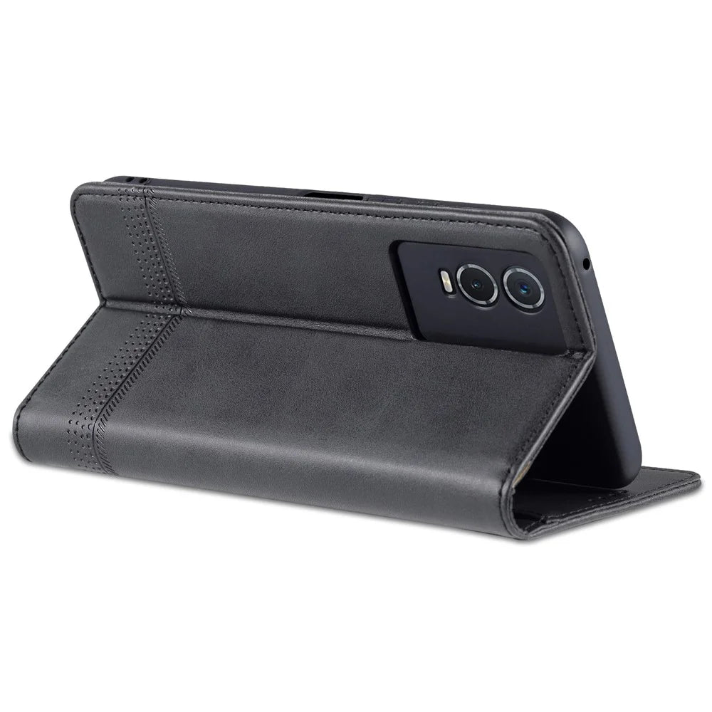 AZNS Auto-absorbed Magnetic Leather Phone for vivo Y74s/Y76s, Folio Flip Wallet Stand Protective Shell - Black - 6
