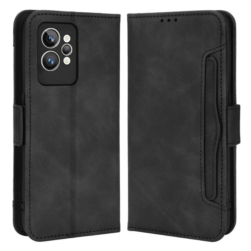 For Realme GT2 Pro PU Leather Wallet Phone Case Card Slots Holder Stand Magnetic Shockproof Cover - Black - 1