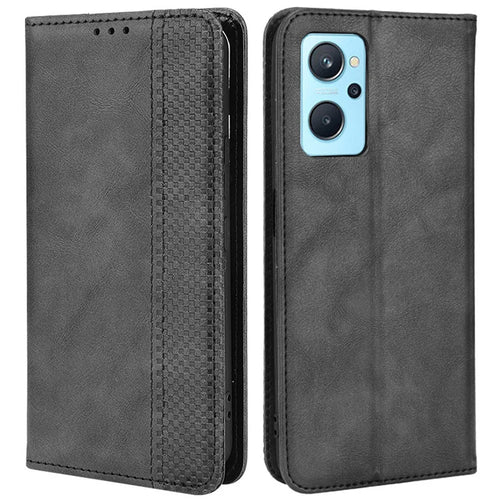 Mosaic Imprinted Leather Case for Realme 9i/Oppo A36 4G/A76 4G, Wallet Stand Auto Closing Magnetic Phone Cover - Black - 1