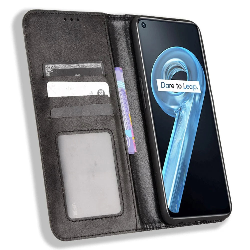 Mosaic Imprinted Leather Case for Realme 9i/Oppo A36 4G/A76 4G, Wallet Stand Auto Closing Magnetic Phone Cover - Black - 4
