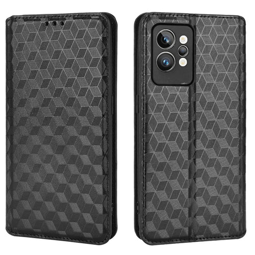 For Realme GT2 Pro Flip Phone Cover Wallet Imprinted Rhombus Pattern Phone Stand Anti-scratch PU Leather Protective Phone Case - Black - 1