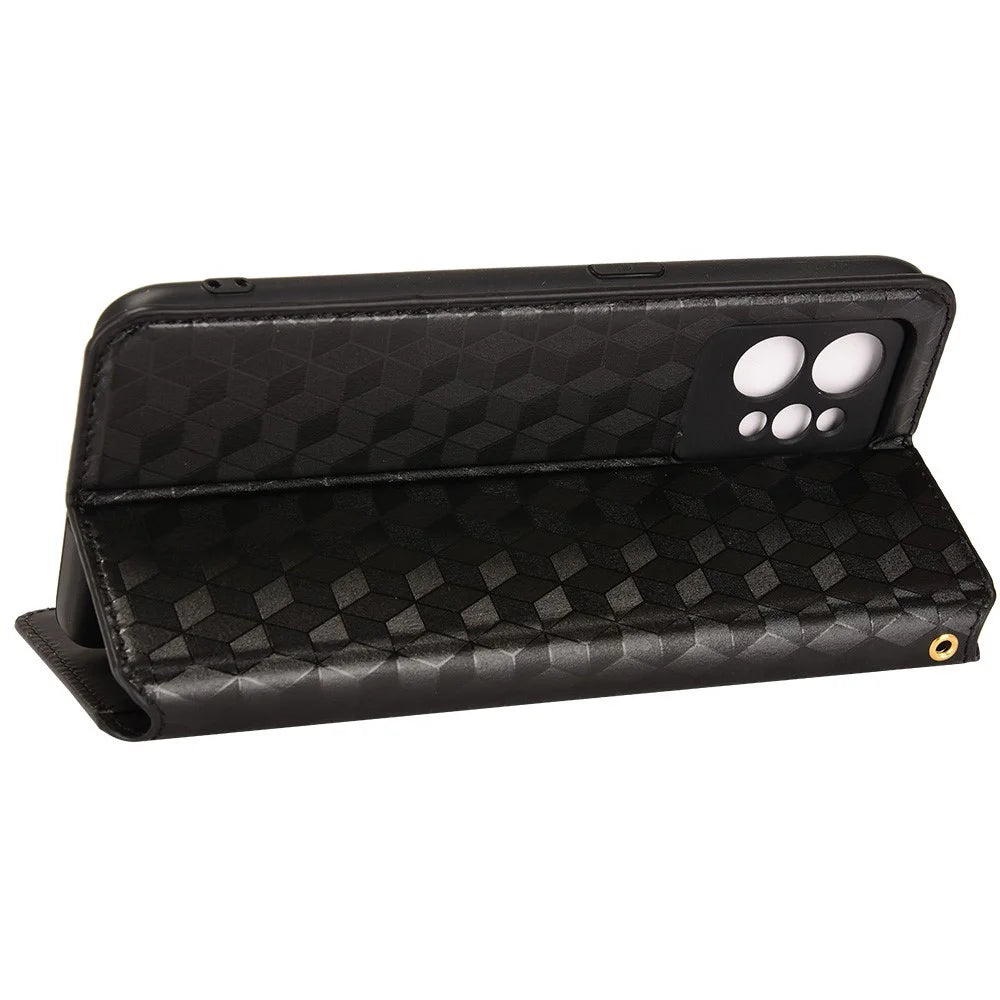 For Realme GT2 Pro Flip Phone Cover Wallet Imprinted Rhombus Pattern Phone Stand Anti-scratch PU Leather Protective Phone Case - Black - 4
