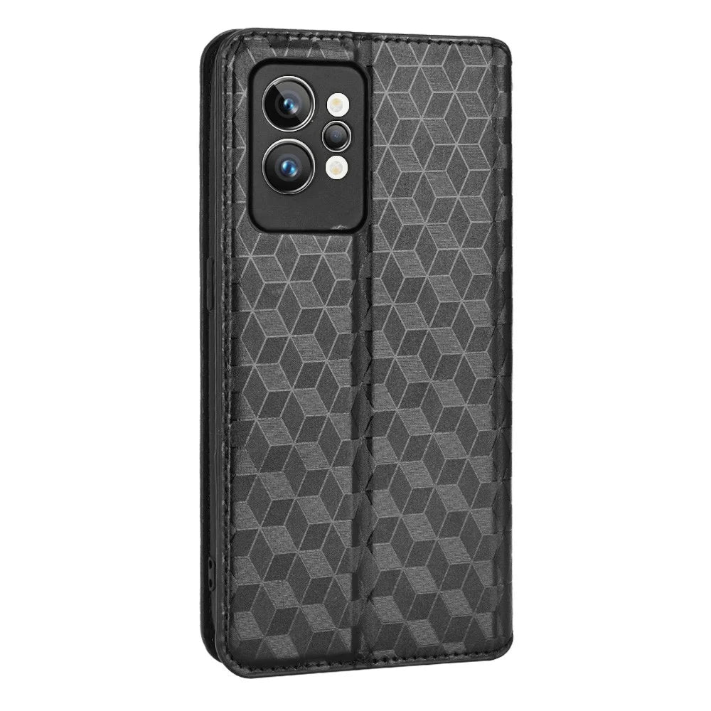 For Realme GT2 Pro Flip Phone Cover Wallet Imprinted Rhombus Pattern Phone Stand Anti-scratch PU Leather Protective Phone Case - Black - 5