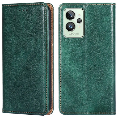 For Realme GT2 Pro PU Leather Magnetic Absorption Phone Case Stand Folio Wallet TPU Shockproof Flip Cover - Green - 1