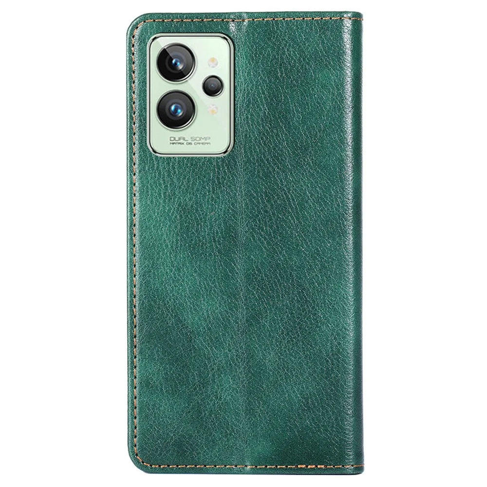 For Realme GT2 Pro PU Leather Magnetic Absorption Phone Case Stand Folio Wallet TPU Shockproof Flip Cover - Green - 3
