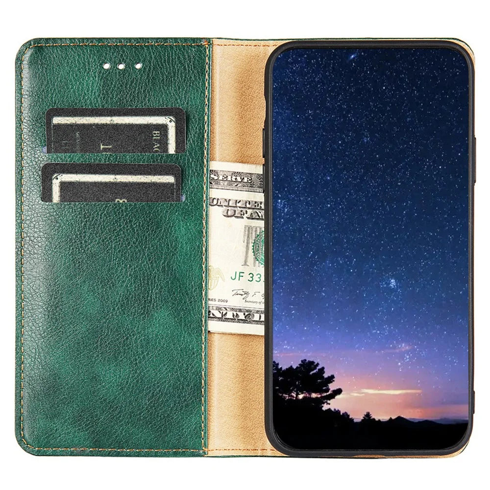 For Realme GT2 Pro PU Leather Magnetic Absorption Phone Case Stand Folio Wallet TPU Shockproof Flip Cover - Green - 4